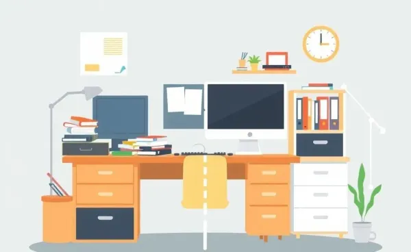 A messy desk transforming into a tidy workspace