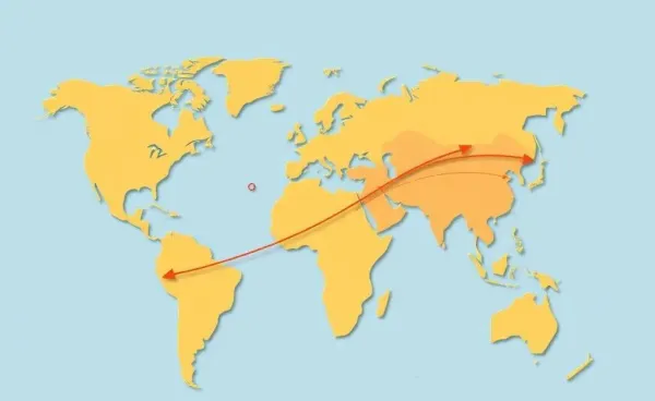 Cartoon illustration of world map with trade routes and tariffs arrows