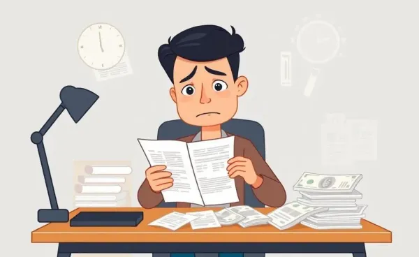 A person reviewing a bank statement while at a desk cluttered with bills