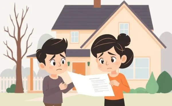 A worried couple examining a contract with a house in the background.