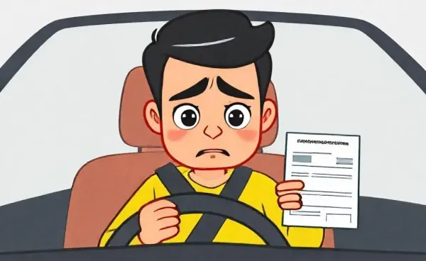 A cartoon depiction of a driver worried about car registration