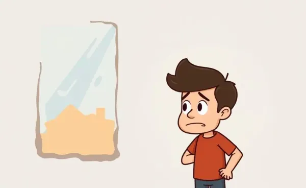 A cartoon-style worried homeowner looking at a wall with a visible water stain