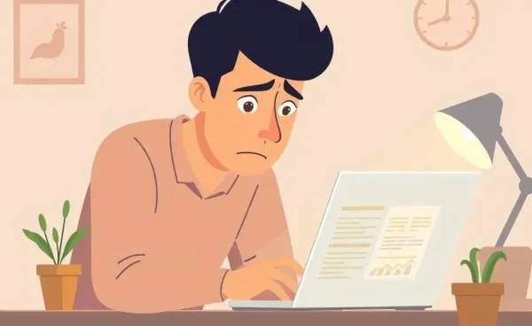 A person worriedly viewing a credit report on a laptop in a home office.