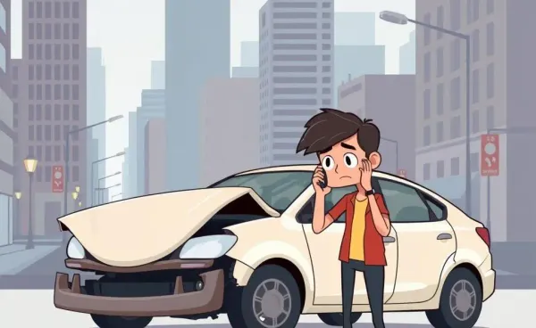 A person looking worried next to a totaled car on the street