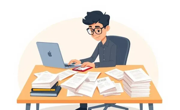 A writer exploring the insurance industry at their desk with papers and a laptop.