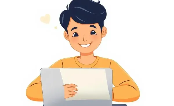 Person writing a goodwill letter on a laptop with a content expression