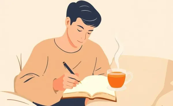 A person writing in a journal while sipping tea, symbolizing planning.
