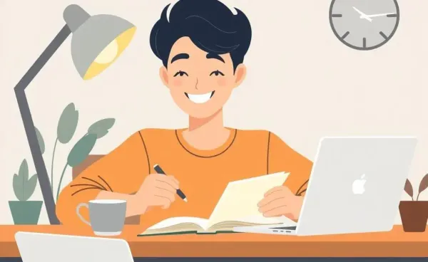 A young adult planning their budget with a notebook, coffee, and laptop.