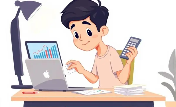 A young adult planning a budget at a desk with a laptop and calculator