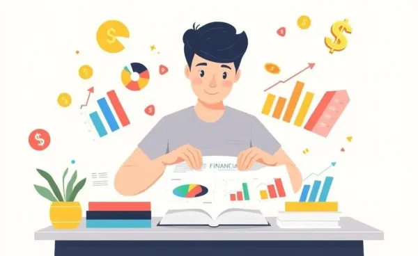 A young adult organizing a budget with charts and money symbols