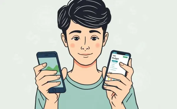 Young adult looking at a smartphone with financial symbols in the background