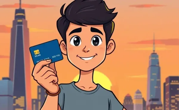 A young adult holding a secured credit card with a city skyline in the background
