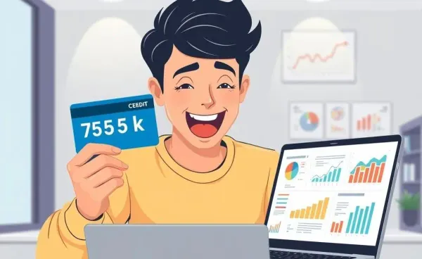 A young adult excitedly holding a credit card with a large credit limit while looking at financial charts on a laptop.
