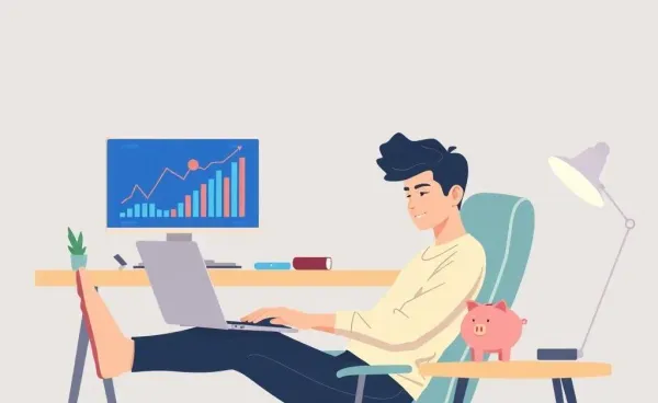 Young adult setting up an investment plan at a desk with financial tools.