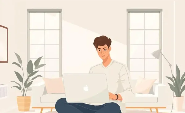 A young adult confidently investing from their laptop in a minimalistic room