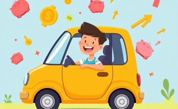 Illustration of a young driver in a car with financial symbols