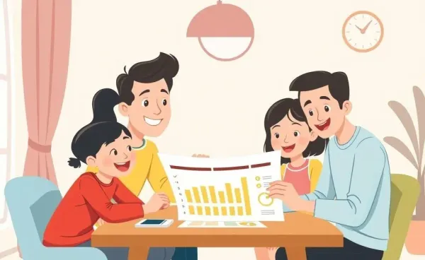 Young family sitting together at a table, looking at a budget plan