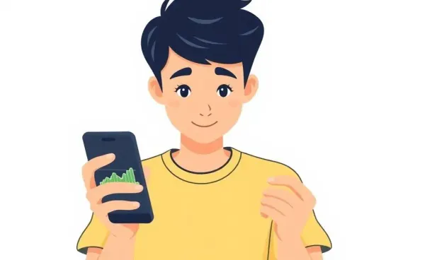 A cartoon of a young investor examining a financial chart on their smartphone