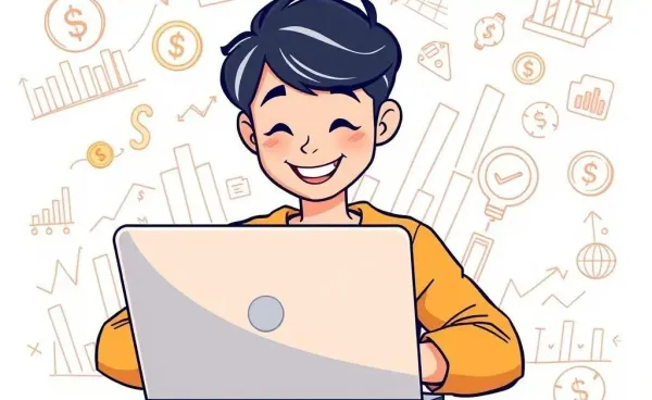 A young person researching investments with graphs and coins illustrated around them
