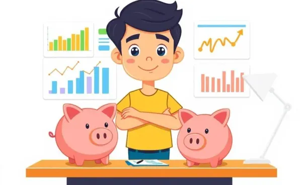 Young person managing finances with charts and a piggy bank
