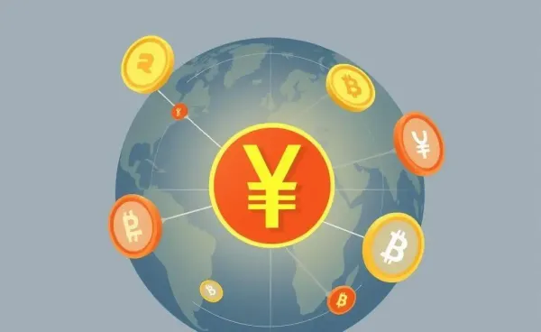 Digital yuan symbol at the center of a globe surrounded by cryptocurrency symbols.