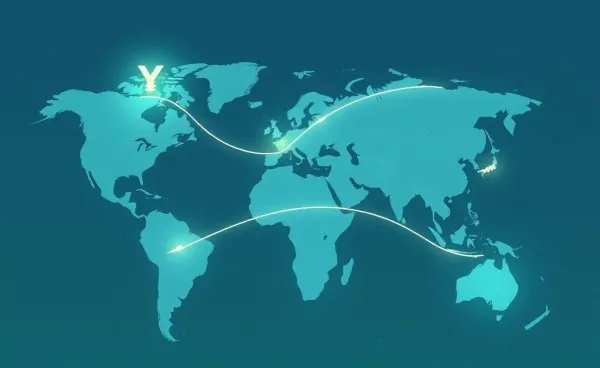 Digital currencies flowing across a world map, emphasizing yuan-backed stablecoins