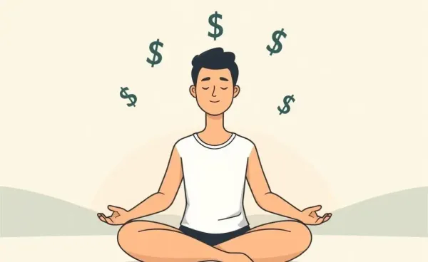 A person meditating with floating dollar symbols, signifying calm budget management