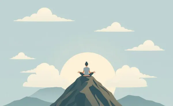 Person meditating on a mountain peak surrounded by clouds