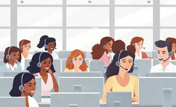 An illustration of a busy call center with diverse agents assisting clients.