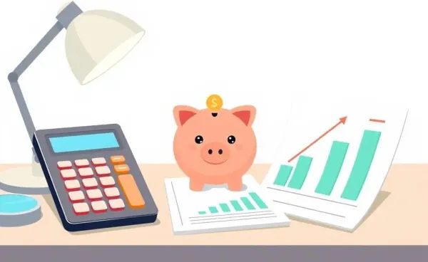 A piggy bank and calculator on a table in a cozy home setting