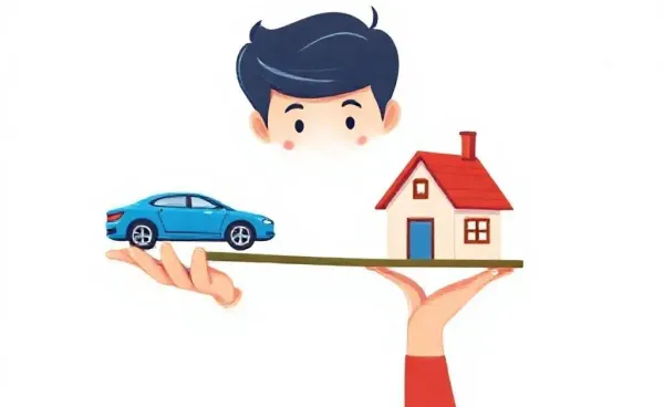 Person balancing toy cars and a house
