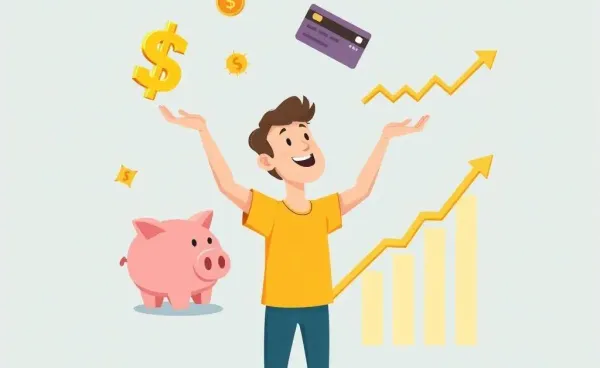 A person juggling a piggy bank, credit card, and investment graph to symbolize financial balance