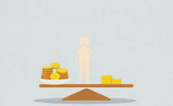 A hand-drawn illustration of a person balancing coins and gold bars on a scale