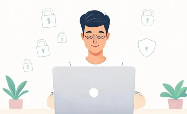 Person managing bank account securely on laptop