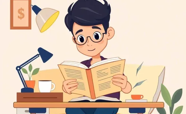 A cartoon investor sitting on a colorful couch, reading about investments