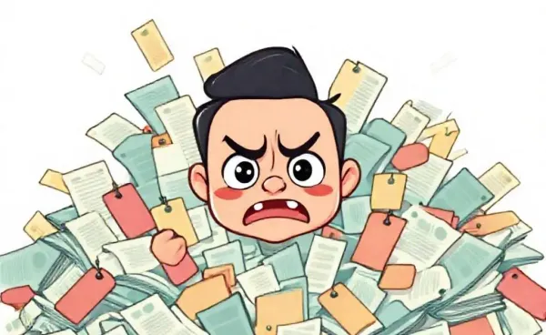 Cartoon character feeling overwhelmed by bills and price tags