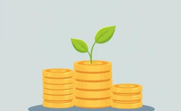 A cartoon investor planting coins in a garden that grow into financial graphs.