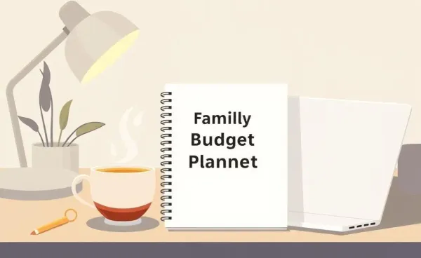 A peaceful home office desk with a budget planner and plants.