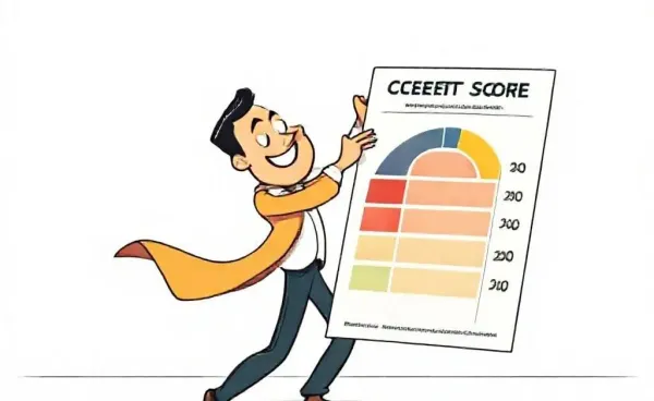 A cartoon character dancing humorously with a credit score chart