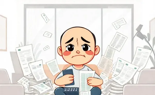 Cartoon character overwhelmed by bills and budget sheets