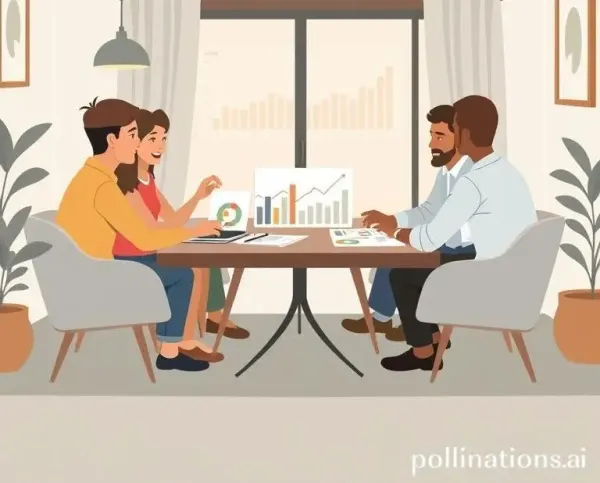 Cartoon of diverse group discussing investments in a cozy room