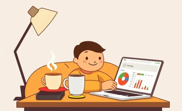 A relaxed investor at a desk monitoring stocks on a laptop.