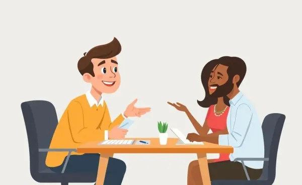 A cartoon family discussing a mortgage with a broker at a desk.