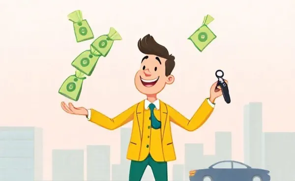 A cartoon illustration of balancing money and car insurance