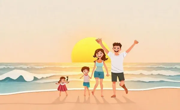 Family enjoying a beach sunset, representing the freedom and relaxation of Coast FIRE
