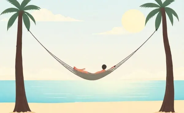 A serene coastal view with a person in a hammock symbolizes financial freedom.