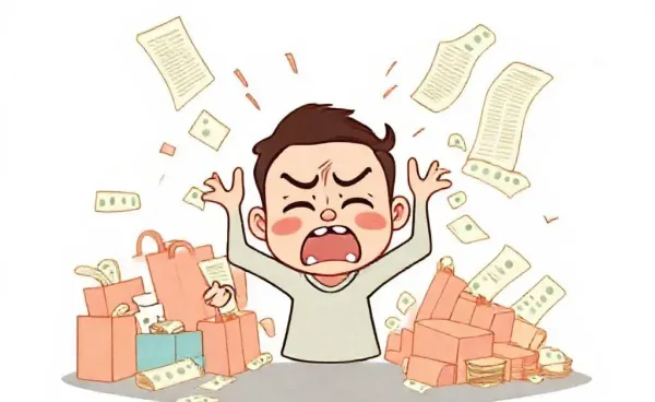 A cartoon character overwhelmed by a budget spiraling out of control.