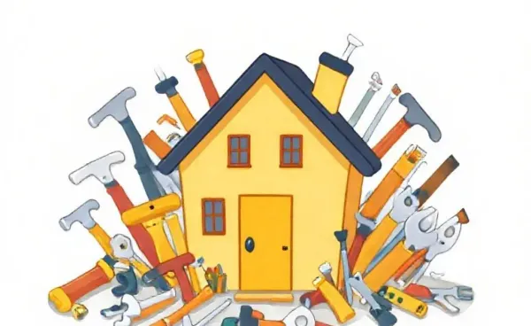 Cartoon house surrounded by chaotic DIY tools
