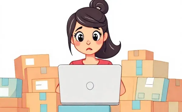 A woman surrounded by piles of packages, looking at her laptop in surprise