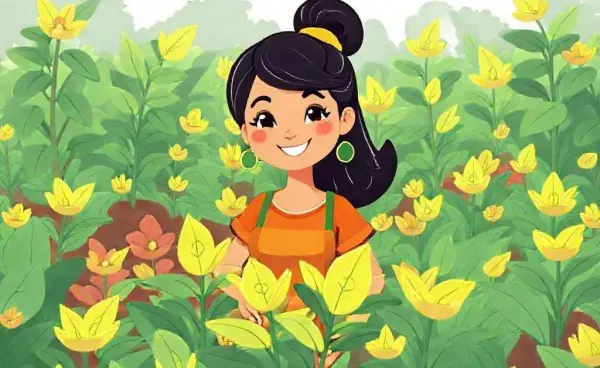 Mia tending to money plants in a garden, symbolizing financial growth